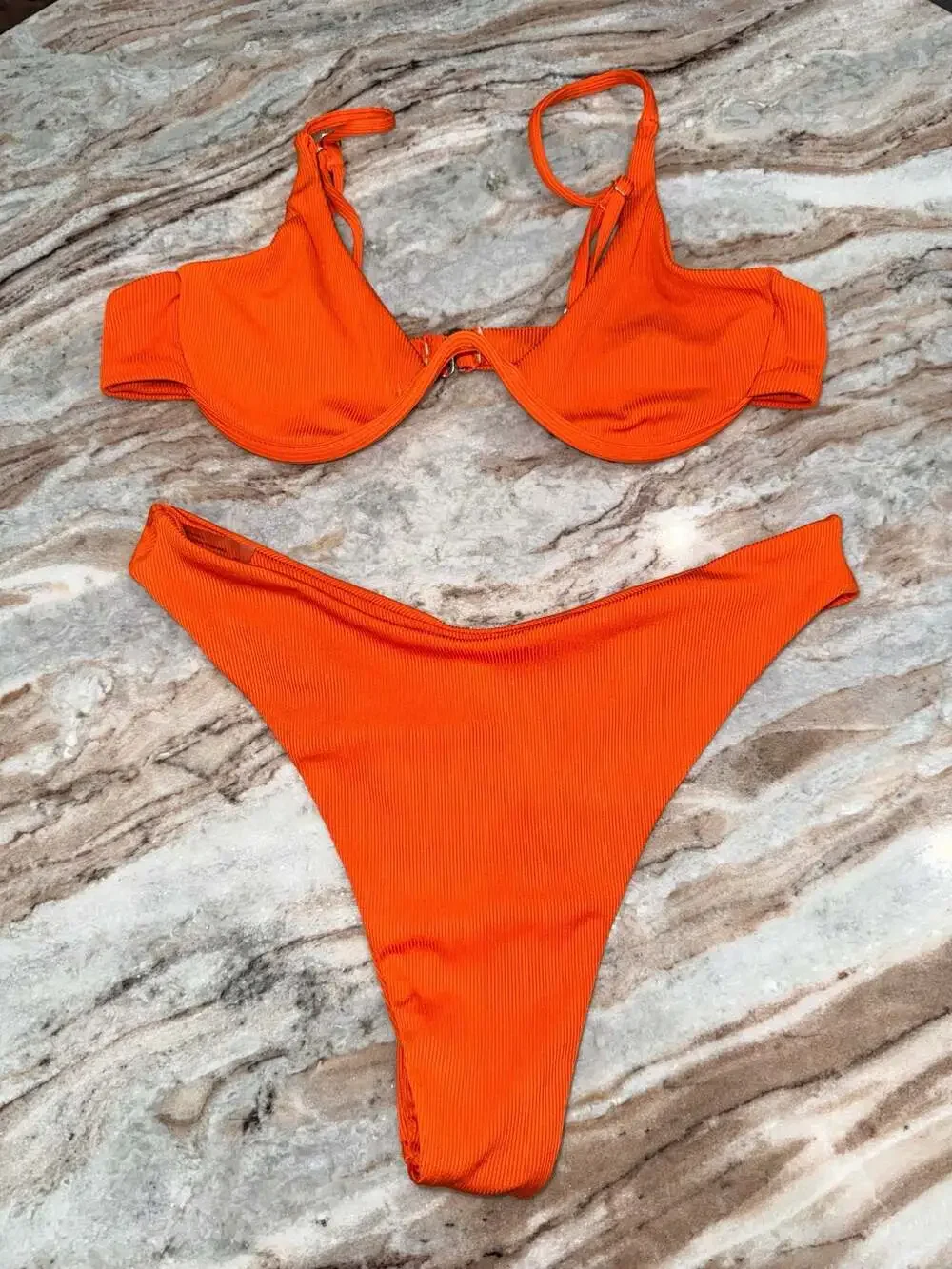 SHEIN Ribbed Underwire High-Cut Orange Bikini Two-Piece Set